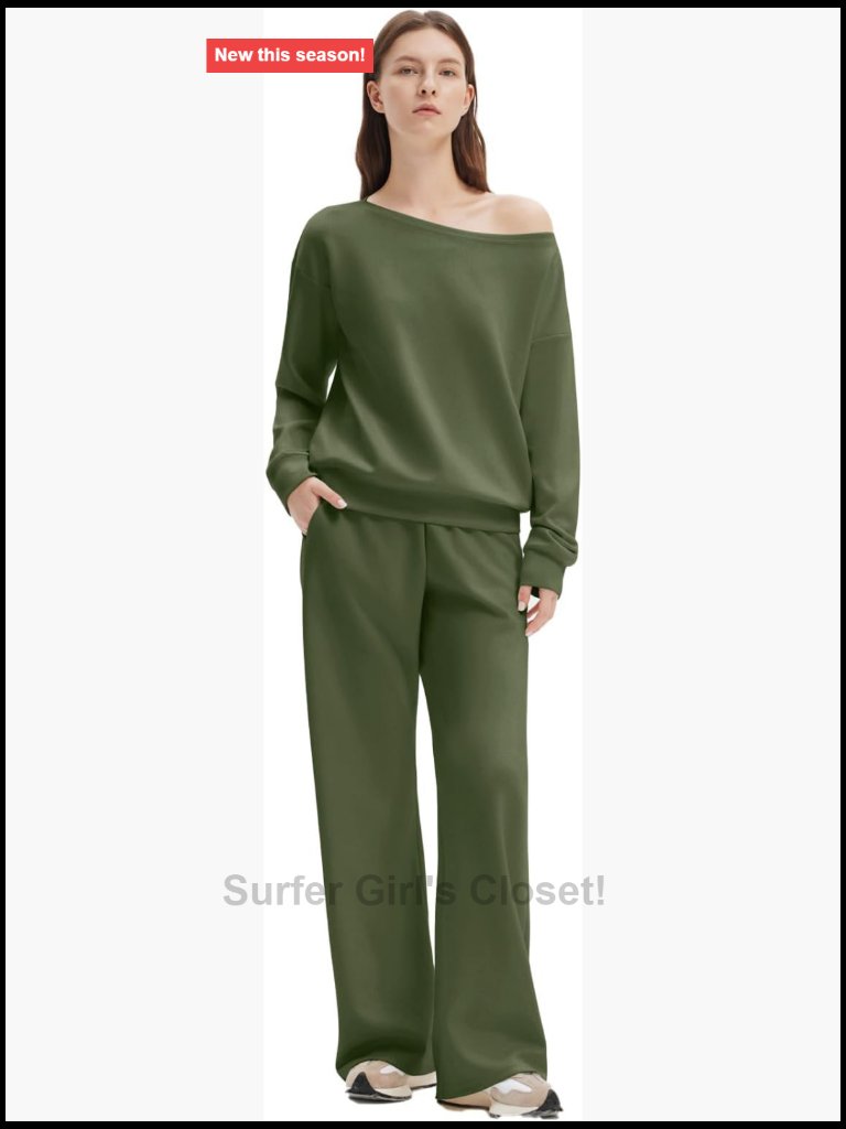 2 Piece Lounge Matching Set Off Shoulder Sweatshirt Wide Leg Sweatpant